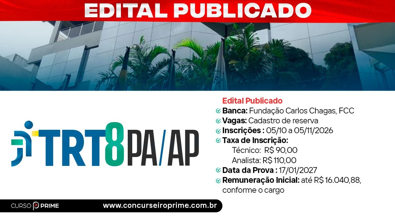Concurso TRT 8 (PA/AP): Edital Publicado com Remuneração de até R$ 16 Mil